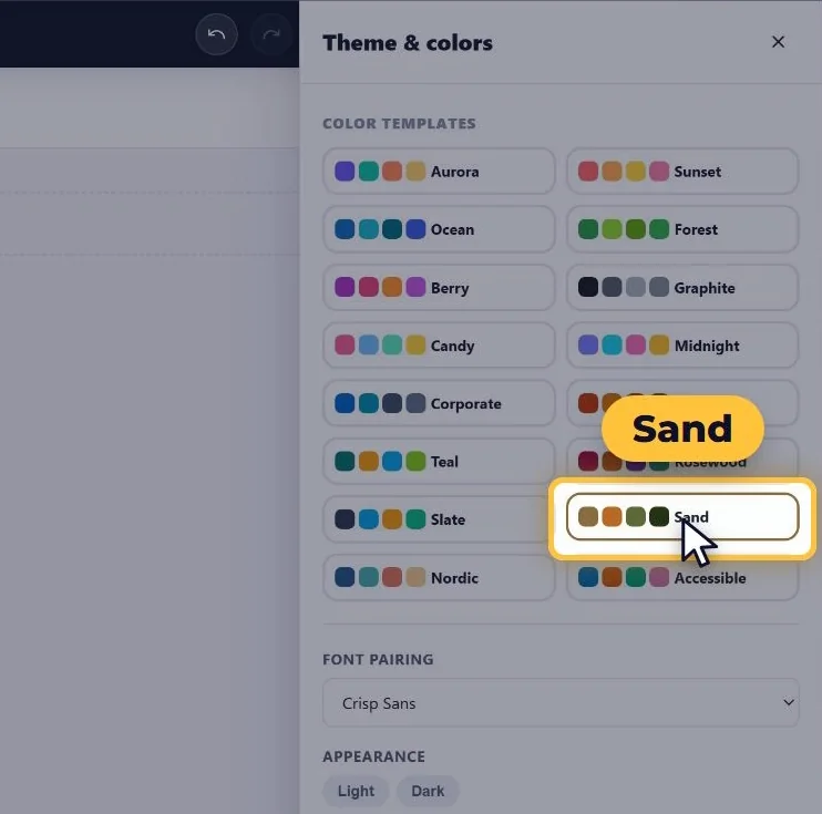 The Theme and colours panel of the Advanced Charts widget with the Sand colour template picked