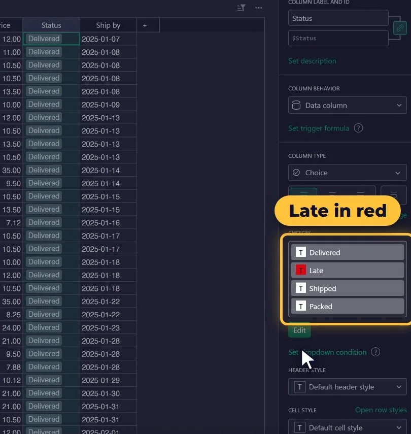 Grist column settings for Status as a Choice column with the value Late marked in red
