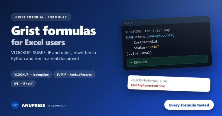 Cover for the ANUPRESS guide to Grist formulas for Excel users, showing a SUMIFS rewritten with lookupRecords