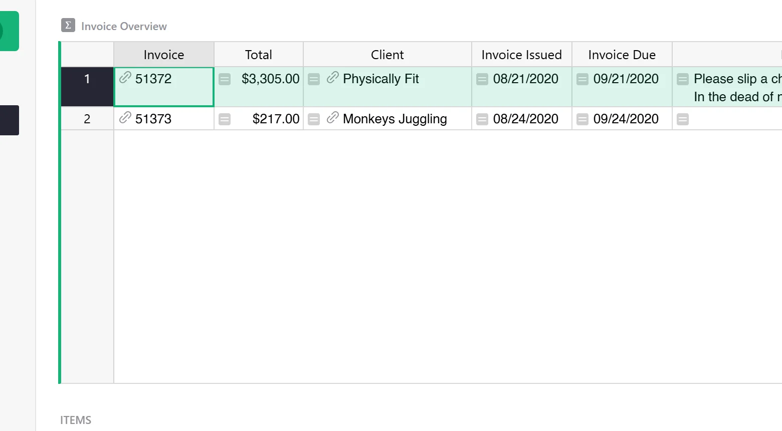 The All Invoices page of the Grist invoice template with the Invoice Overview summary table and the Items table