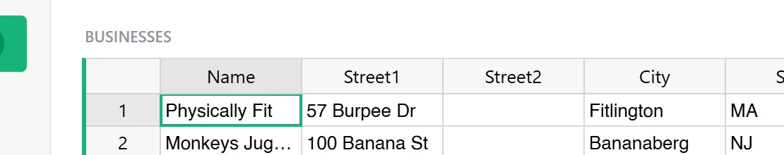 The Businesses table of the Grist invoice template with the columns Name, Street1, Street2, City, State and Zip