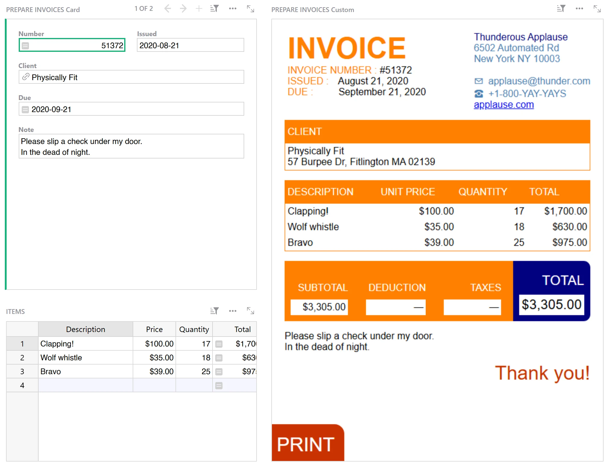 Grist's official invoice template: a card for invoice 51372 beside the printed invoice, with amounts in US dollars