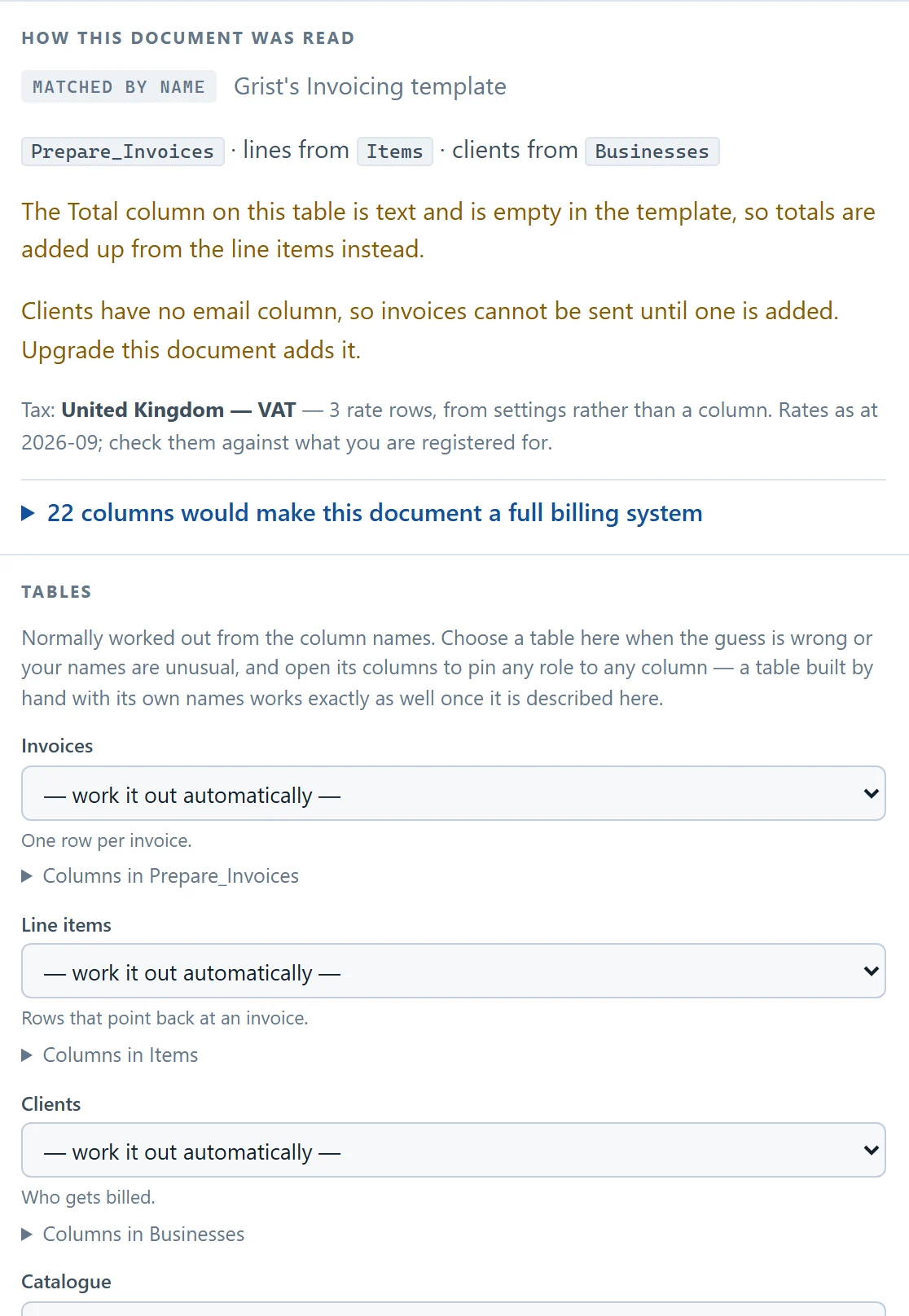 Invoice Studio's Document data panel reading Grist's invoicing template, noting the empty Total and the missing client email