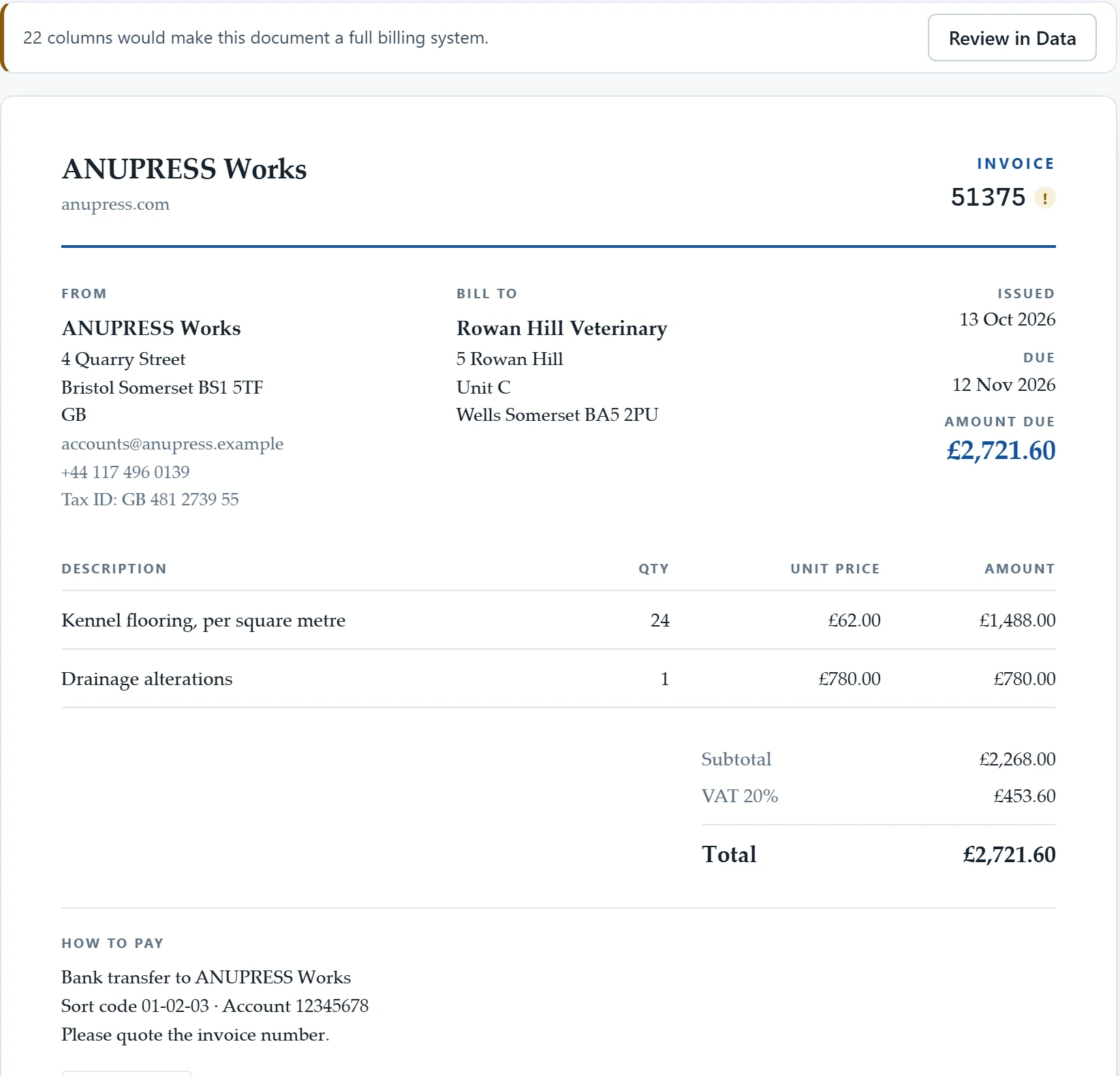 Invoice Studio showing an invoice numbered 51375 in pounds with VAT, built from template-shaped demo data