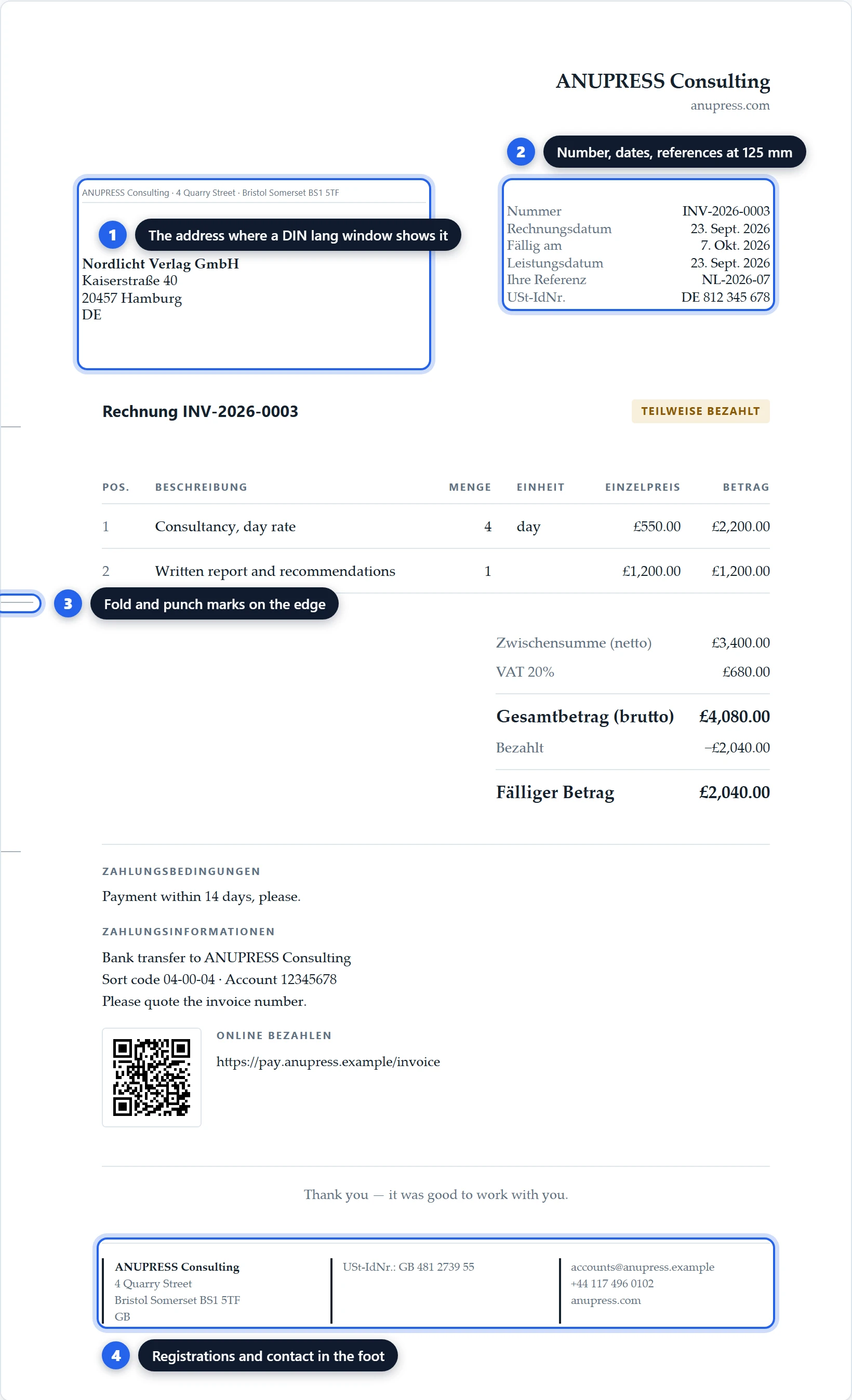 A Rechnung in the Grist invoice widget's DIN 5008 layout: the address field in the window position, the information block beside it, fold marks on the edge and the sender's registrations in the foot