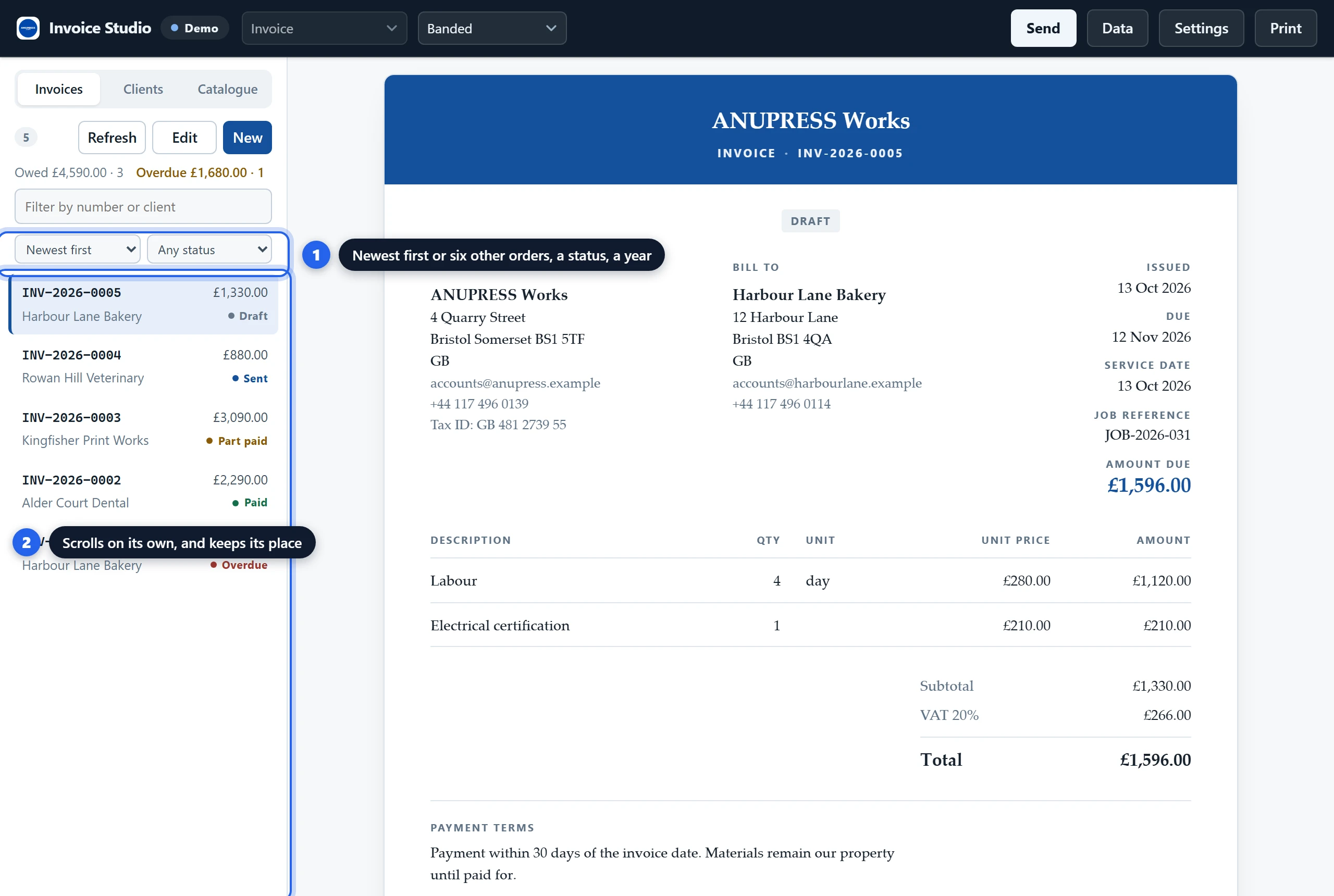 The Grist invoice widget's list with its order and status choosers under the search box, newest first
