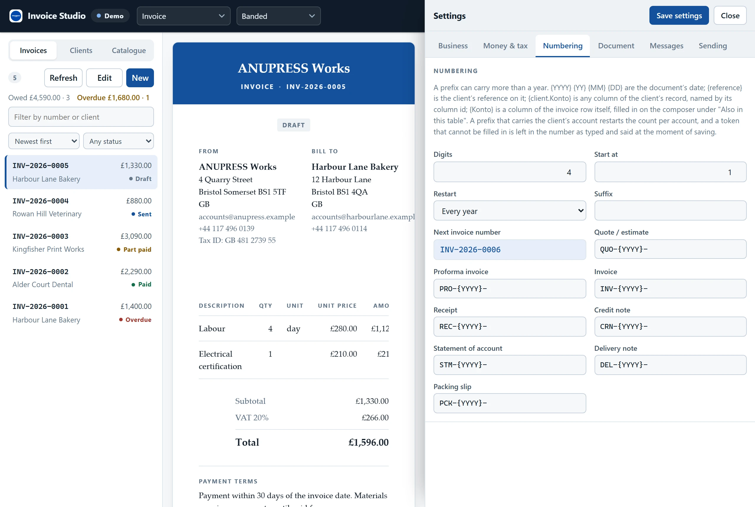 The Numbering tab of the Grist invoice widget's settings: digits, start, restart, suffix, the next number and a prefix per kind of document