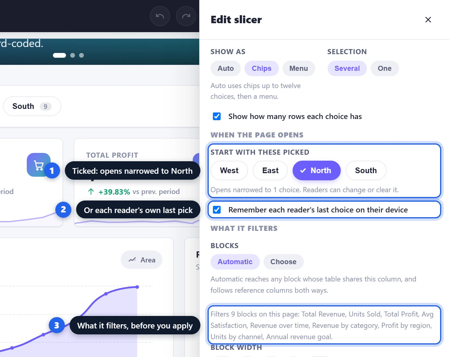 The slicer editor in the ANUPRESS Grist widget with North ticked under Start with these picked, the switch that remembers each reader's last choice, and the list of blocks the slicer filters