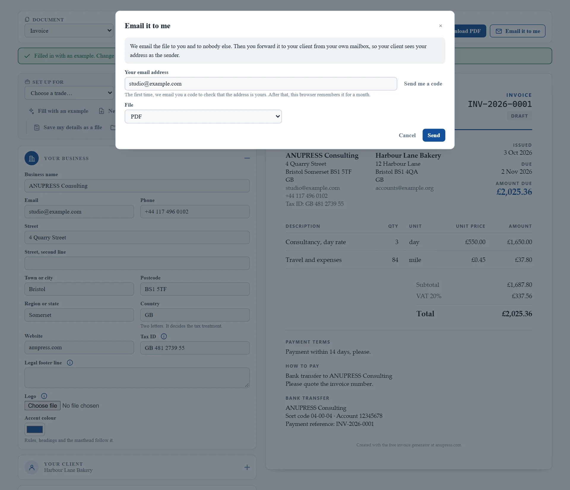 The Email it to me dialog with your own email address, the code step and the choice of file