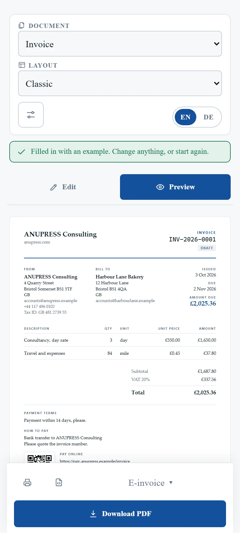 The invoice generator on a phone with Edit and Preview tabs and the download buttons docked at the bottom
