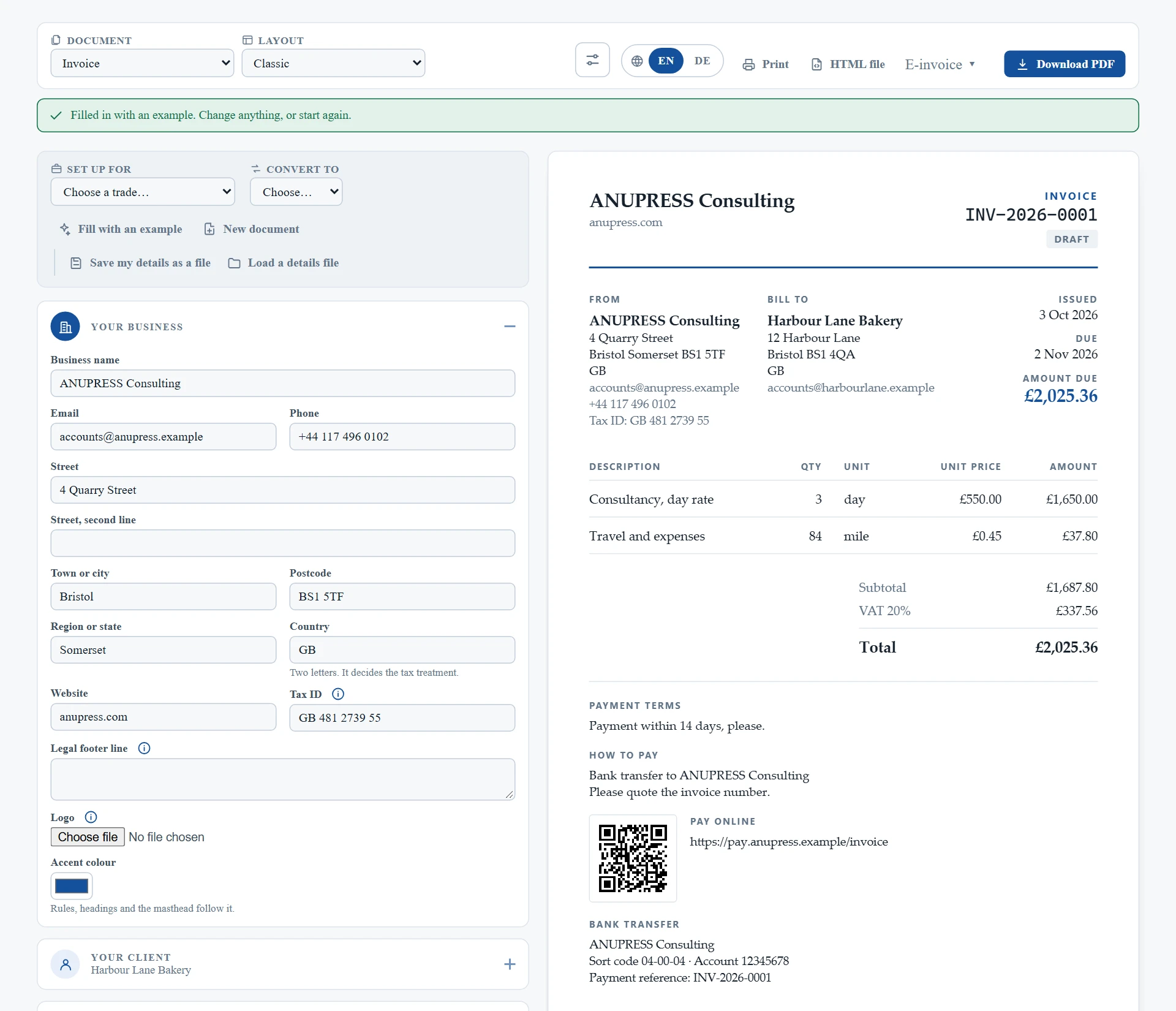Free invoice generator with the form on the left and the finished invoice drawn on the right