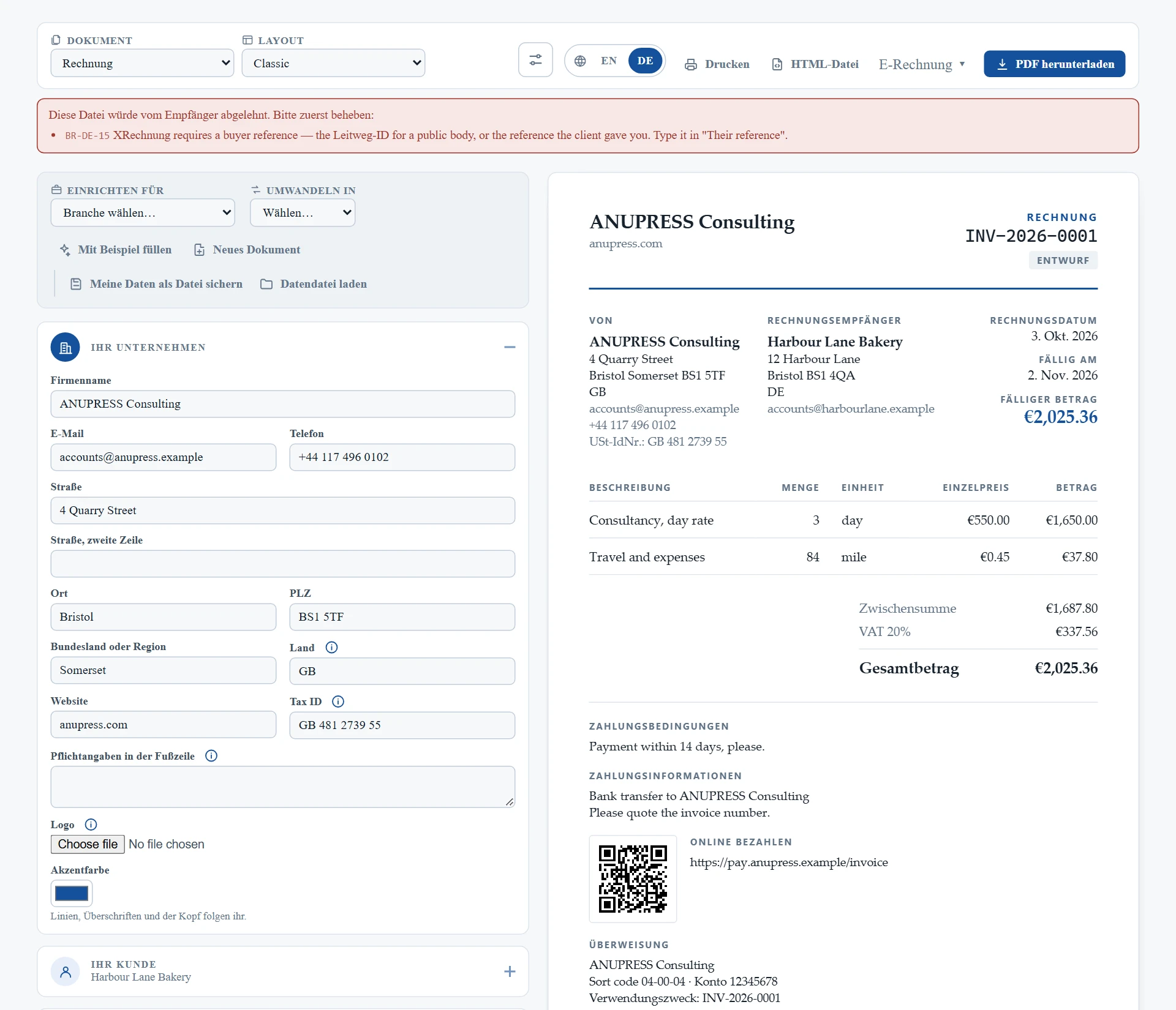 The German invoice generator refusing to build an XRechnung until the Leitweg-ID buyer reference is filled in